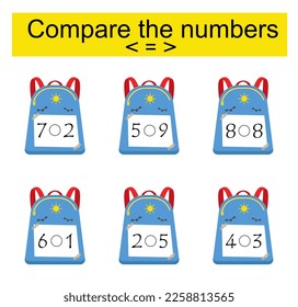 Math activity for kids. Compare the numbers. Number range up to 10. Vector illustration.