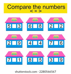 Math activity for kids. Compare the numbers. Number range up to 10. Vector illustration.