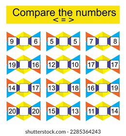 Mathe-Aktivität für Kinder. Vergleichen Sie die Zahlen. Zahlenbereich bis 20. Vektorgrafik.