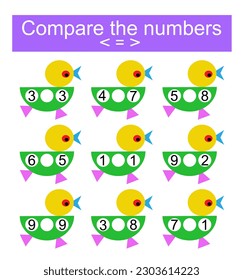 Math activity for kids. Compare the numbers. Illustration for children education.