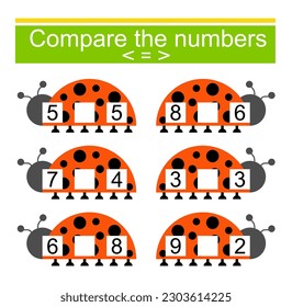 Math activity for kids. Compare the numbers. Number range up to 10. Vector illustration.