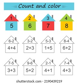 Math activity for kids. Developing numeracy skills. Number range up to 10. Vector illustration.