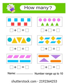 Actividad matemática para los niños. Desarrollar habilidades de aritmética. Rango de números hasta 10. Ilustración vectorial.