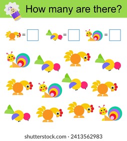 Math activity for kids. Developing numeracy skills. Cartoon snail, bird. 
