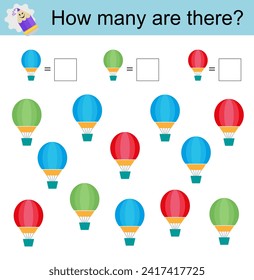 Math activity for kids. Developing numeracy skills. Cartoon hot air balloon. Vector illustration.