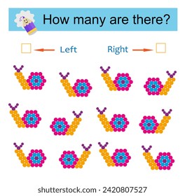 Math activity for kids. Developing numeracy skills. Cartoon snail. 