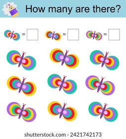 Math activity for kids. Developing numeracy skills. Cartoon butterflies. 