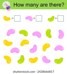 Math activity for kids. Developing numeracy skills. Cartoon jelly beans. 
