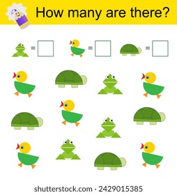 Math activity for kids. Developing numeracy skills. Cartoon duck, turtle, frog. Vector illustration. 