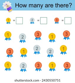 Math activity for kids. Developing numeracy skills. Cartoon medals.