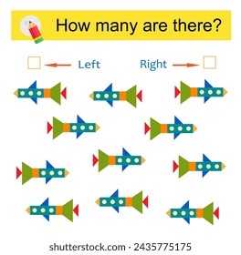 Math activity for kids. Developing numeracy skills. Cartoon rocket ship. Vector illustration. 