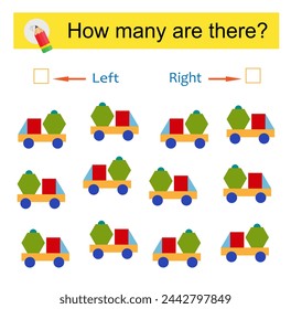 Math activity for kids. Developing numeracy skills. Cartoon truck. 
