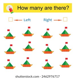 Math activity for kids. Developing numeracy skills. Cartoon boat. 
