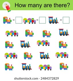 Math activity for kids. Developing numeracy skills. Cartoon train.  