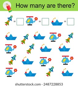Math activity for kids. Developing numeracy skills. Cartoon transports. 
