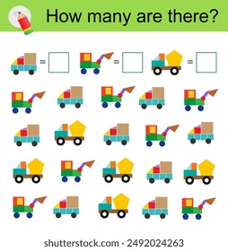 Math activity for kids. Developing numeracy skills. Cartoon transport. 