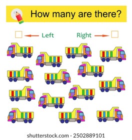 Math activity for kids. Developing numeracy skills. Cartoon car. 