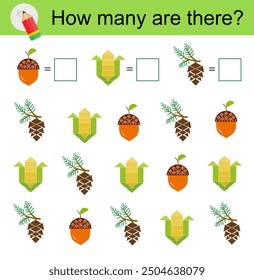 Math activity for kids. Developing numeracy skills. Cartoon corn, pine cones, acorn. 