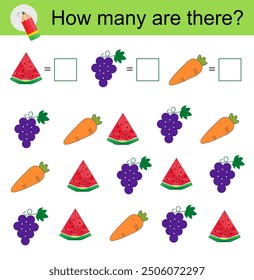 Math activity for kids. Developing numeracy skills. Cartoon watermelon, grapes, carrots. 