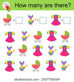 Math activity for kids. Developing numeracy skills. Cartoon baby carriage, dress, animal. 