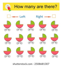 Math activity for kids. Developing numeracy skills. Cartoon baby carriage. 