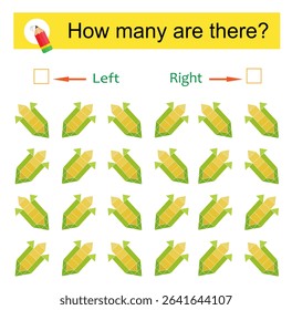 Math activity for kids. Developing numeracy skills. Cartoon corn. 