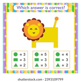 Math activity for kids. Find the correct answer. Cartoon lion. Preschool worksheet activity.