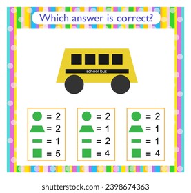 Math activity for kids. Find the correct answer. Cartoon school bus. 