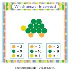 Math activity for kids. Find the correct answer. Cartoon turtle. 