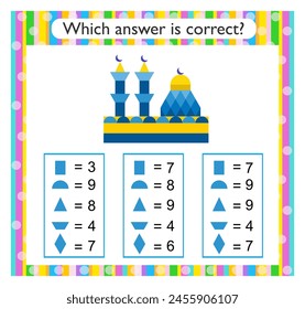 Actividad matemática para niños. Encuentra la respuesta correcta. Mezquita de caricaturas. 