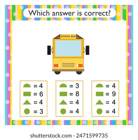 Math activity for kids. Find the correct answer. Cartoon school bus. Vector illustration.