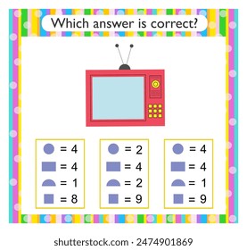 Math activity for kids. Find the correct answer. Cartoon TV retro. Vector illustration.