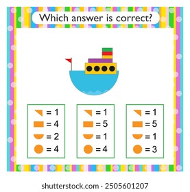 Math activity for kids. Find the correct answer. Cartoon ship. 