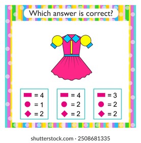 Atividade matemática para crianças. Encontre a resposta correta. Vestido de desenho animado. 