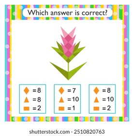 Atividade matemática para crianças. Encontre a resposta correta. Desenho animado flor rosa. 