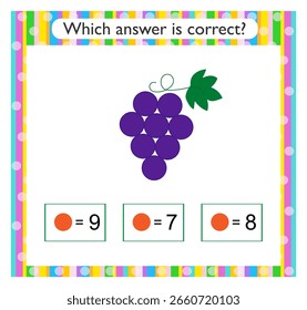 Math activity for kids. Find the correct answer. Cartoon grape. Vector illustration.