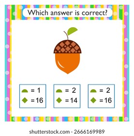Actividad matemática para niños. Encuentra la respuesta correcta. Bellota de dibujos. Ilustración vectorial.