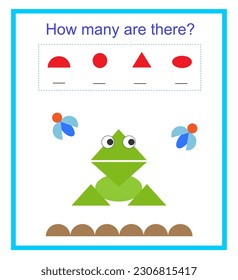 Math activity for kids. How many geometric shapes? Developing numeracy skills. Vector illustration.