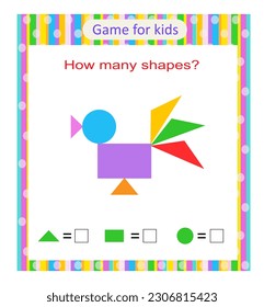 Math activity for kids. How many shapes are there? Developing numeracy skills. Vector illustration.