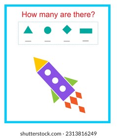 Math activity for kids. How many geometric shapes? Developing numeracy skills. Vector illustration.