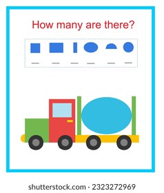 Math activity for kids. How many geometric shapes? Developing numeracy skills. Vector illustration of the concrete truck.