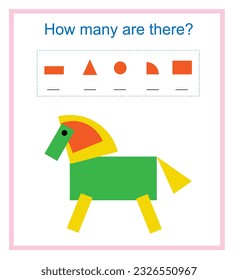  Math activity for kids. How many geometric shapes? Developing numeracy skills. Vector illustration.