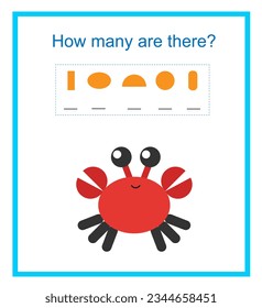 Math activity for kids. How many geometric shapes? Developing numeracy skills. Vector illustration of cartoon crab.