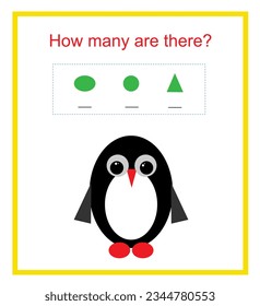 Math activity for kids. How many geometric shapes? Developing numeracy skills. Vector illustration of cartoon penguin.