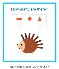 Mathe-Aktivität für Kinder. Wie viele geometrische Formen? Entwicklung von Rechenfähigkeiten. Vektorgrafik von Cartoon Hedgehog.