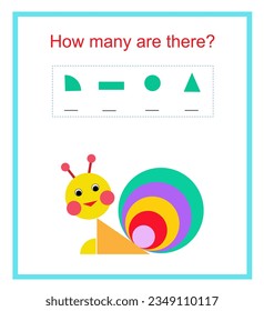 Math activity for kids. How many geometric shapes? Developing numeracy skills. Vector illustration of cartoon snail.