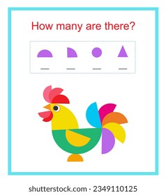 Math activity for kids. How many geometric shapes? Developing numeracy skills. Vector illustration of cartoon rooster. 