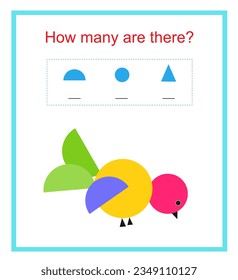 Math activity for kids. How many geometric shapes? Developing numeracy skills. Vector illustration of cartoon bird. 