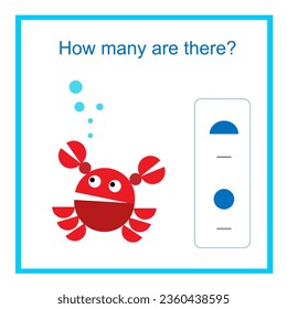 Math activity for kids. How many geometric shapes? Developing numeracy skills. Vector illustration of cartoon crab.