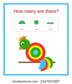 Math activity for kids. How many geometric shapes? Developing numeracy skills. Vector illustration of cartoon parrot.